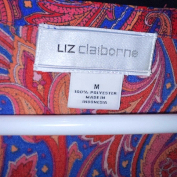 Liz Claiborne Paisley Short Sleeve Blouse Size Medium Red Blue Sheer Spring Boho - Picture 4 of 6